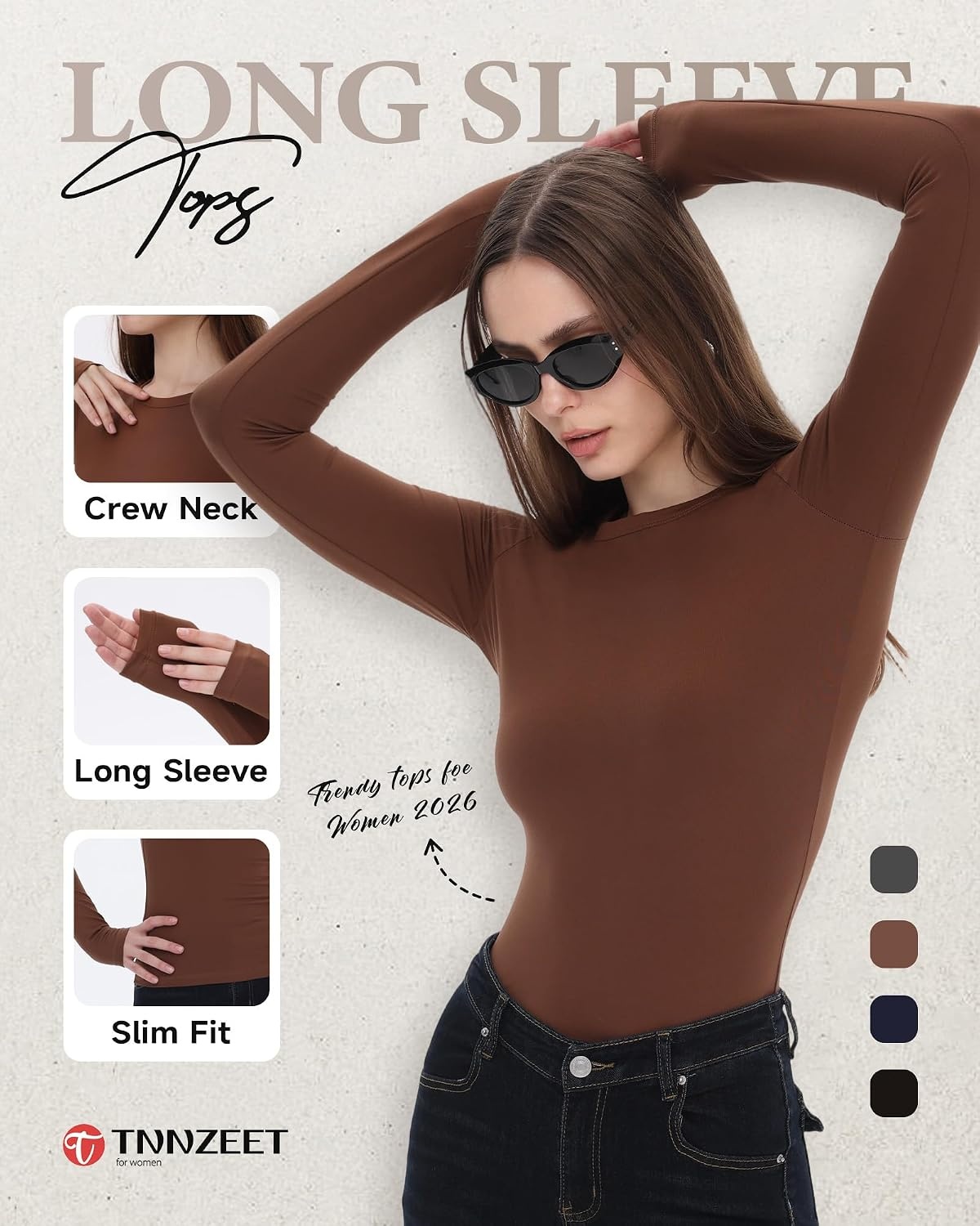 image:imageTNNZEET Long Sleeve Shirts for Women School Outfits Fall Fashion Winter Clothes Workout Crop Top Y2K Basic Tees 2026BlackWhiteBrown